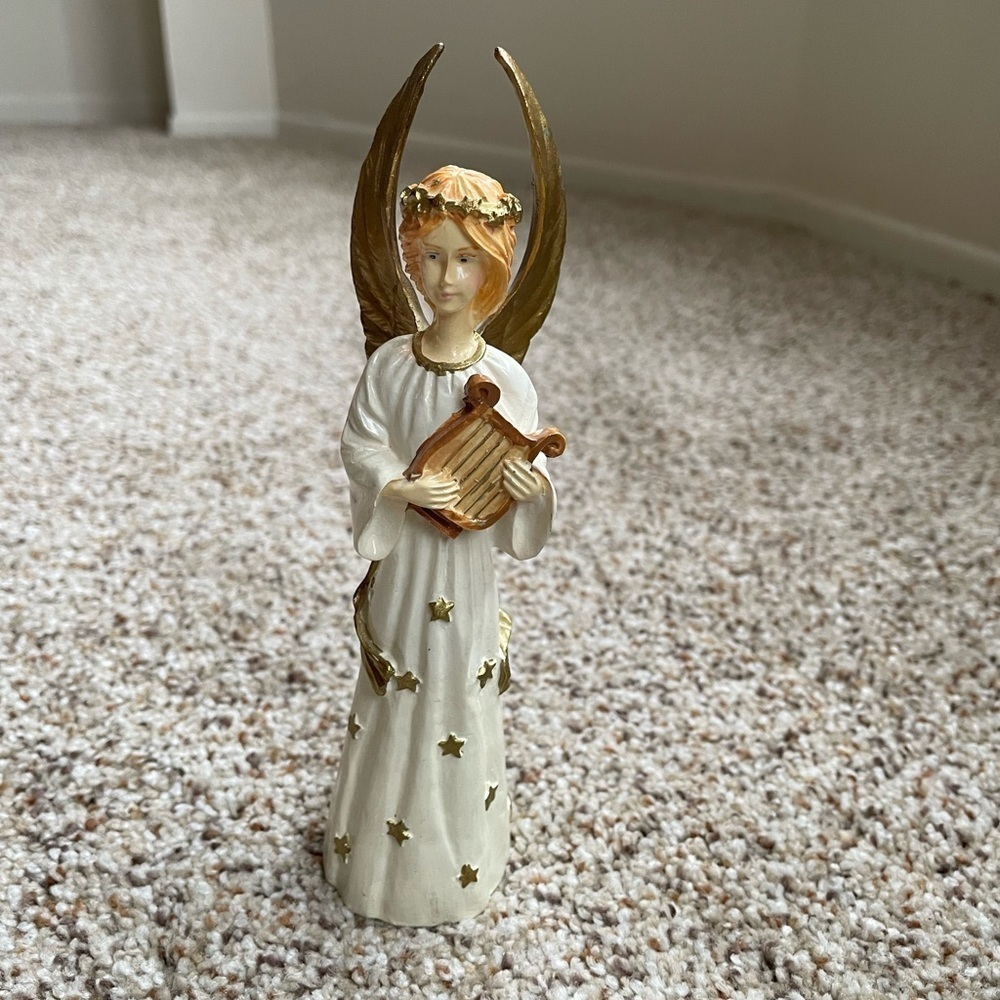 Porcelain  white Angel With golden wings and  Harp